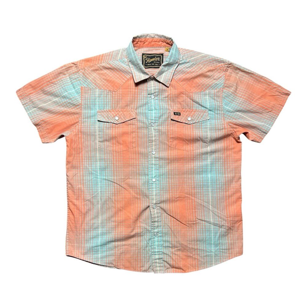 Howler Bros Pearl Snap Short Sleeve Plaid Shirt Men’s M Orange Blue